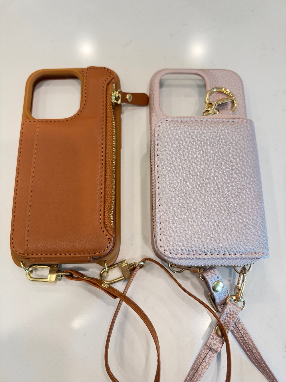 Leather Wallet Phone Cases- Brown and Pink- with Crossbody strap- iPhone 15 Pro